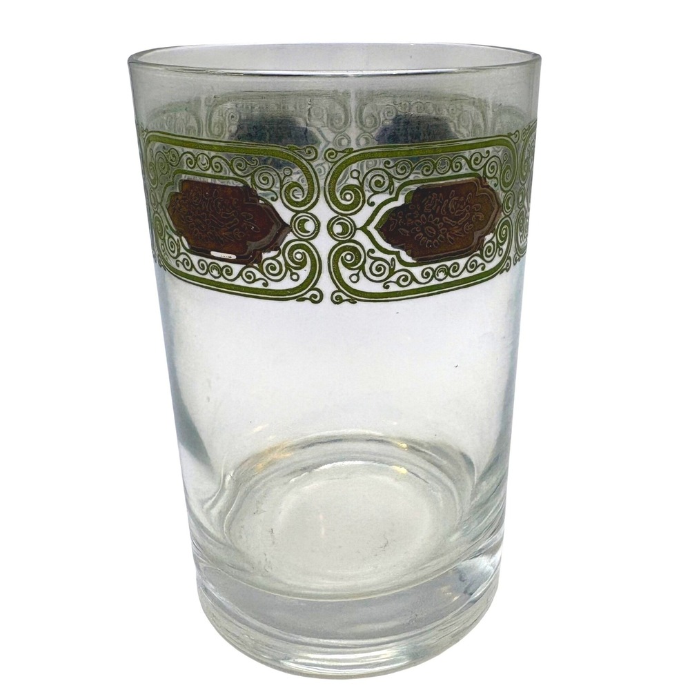 Vtg MCM Ravenscroft Glass Tumbler Green Gold Filigree Lace Barware 1960s